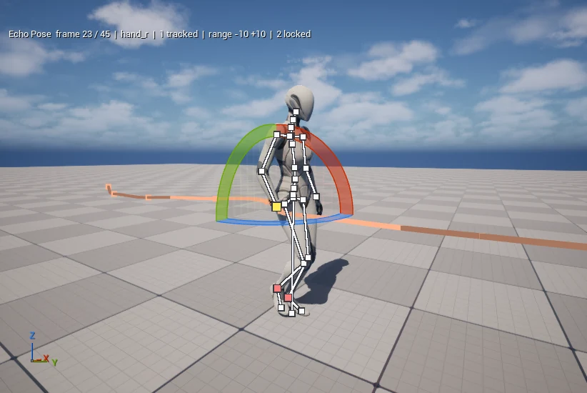 A rotation gizmo on the selected wrist in the Unreal prototype.