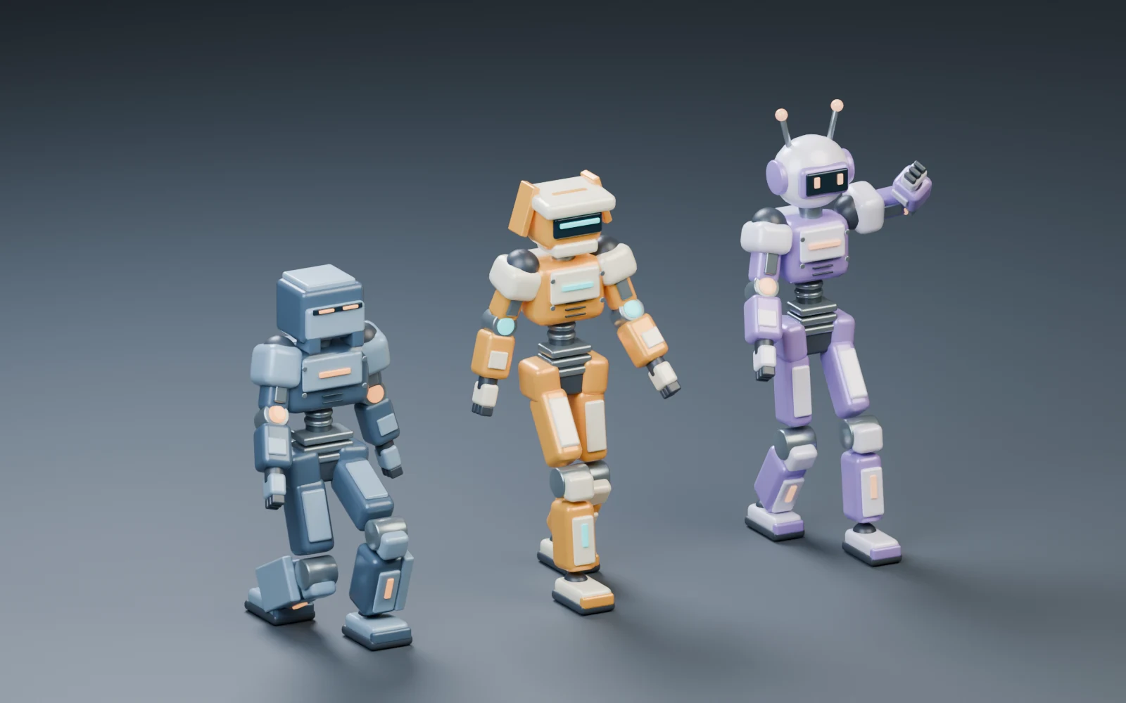 Three original Echo Pose showcase robots: slate Rook, amber Kite, and lavender Mica.