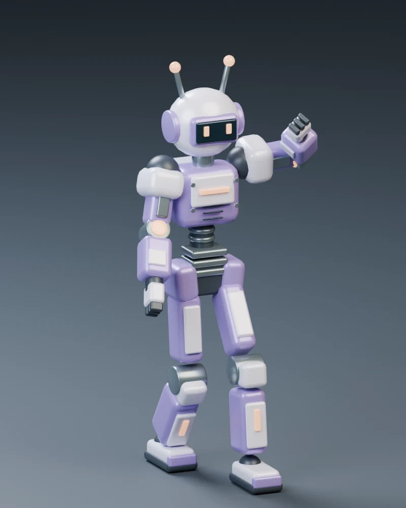 Mica, an original lavender robot with antennae.