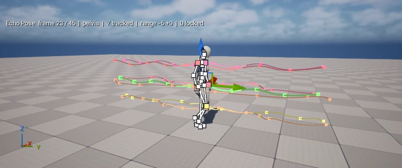 Unreal prototype showing several colored joint motion paths.